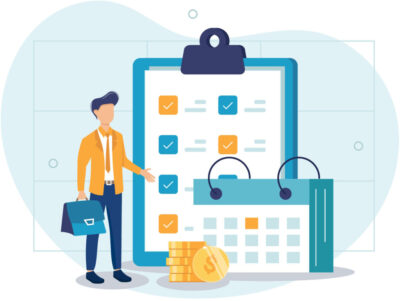 Financial administration set. Business accounting, organization and audit concept. Characters calculating and filling salary pay slip and payroll report. Vector illustration.